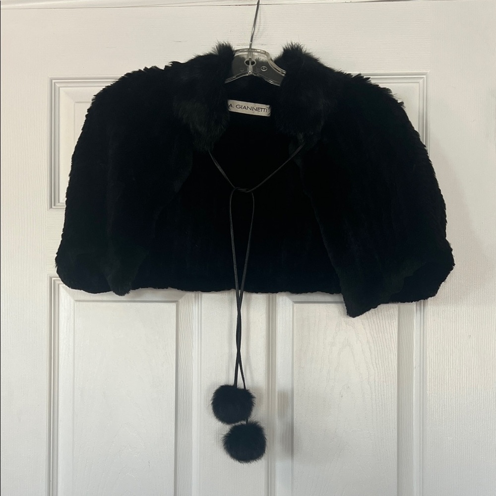 Black rabbit fur Shrug with leather Pom Pom Ties